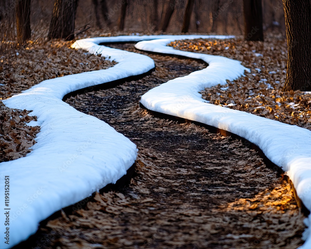 Aufkleber a winding path through a winter forest, bordered by snow and fallen leaves, creating a serene and pi
