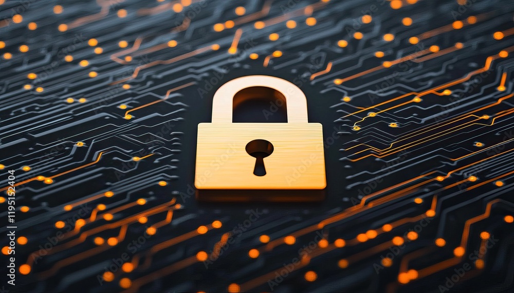 Poster a golden padlock on a circuit board background, symbolizing digital security and data protection.