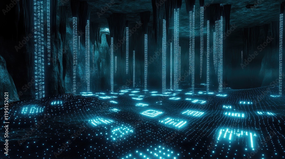Aufkleber glowing data matrix in an enigmatic cave environment