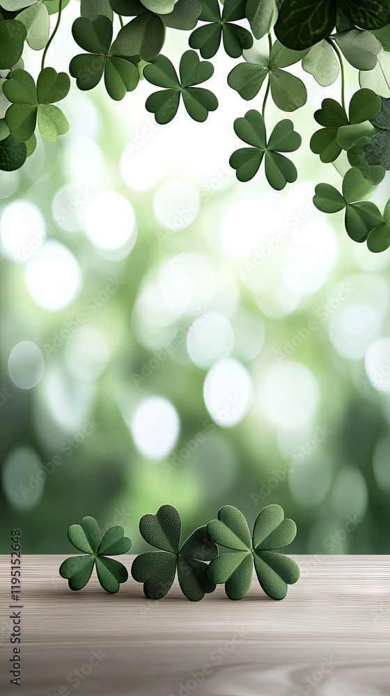 Poster delicate clovers resting on a wooden surface with a soft green background creating a serene atmosphe