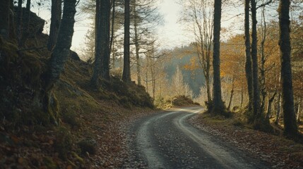 Obraz premium Winding forest road in autumn with sunlight filtering through trees.