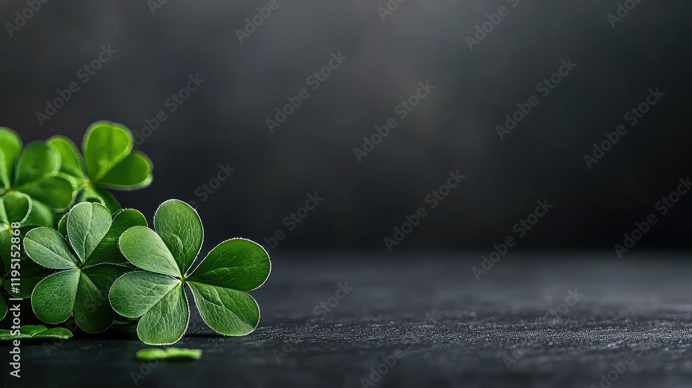 Poster fresh green clovers arranged thoughtfully on a dark textured surface creating a serene and natural a