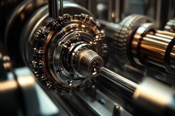 Naklejka premium Close-up metallic gears, intricate mechanism, precision engineering.