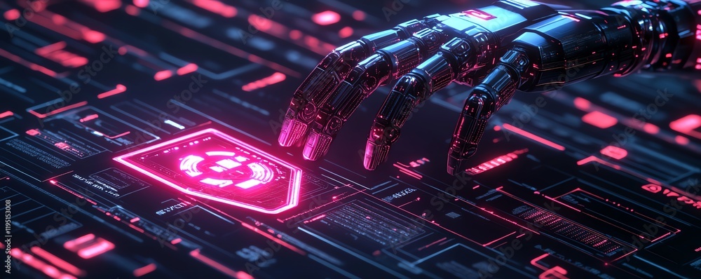 Poster aidriven robotic arm securing data with glowing shield, surrounded by digital icons, futuristic cybe
