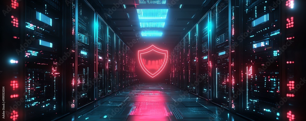 Poster advanced server with glowing shield, symbolizing data protection and cybersecurity, futuristic techn