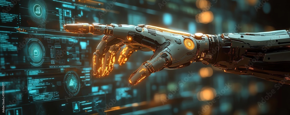 Poster aidriven robotic arm securing data with glowing shield, surrounded by digital icons, futuristic cybe