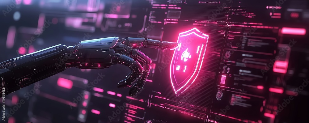 Poster aidriven robotic arm securing data with glowing shield, surrounded by digital icons, futuristic cybe