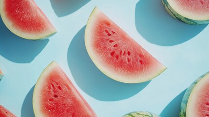 Sliced Watermelon Pattern on Blue Background, Summer Fruit Concept, Top View. Food Photography