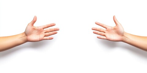 Female hands gesturing towards each other against a clean white background with left hand outstretched on the left and right hand on the right