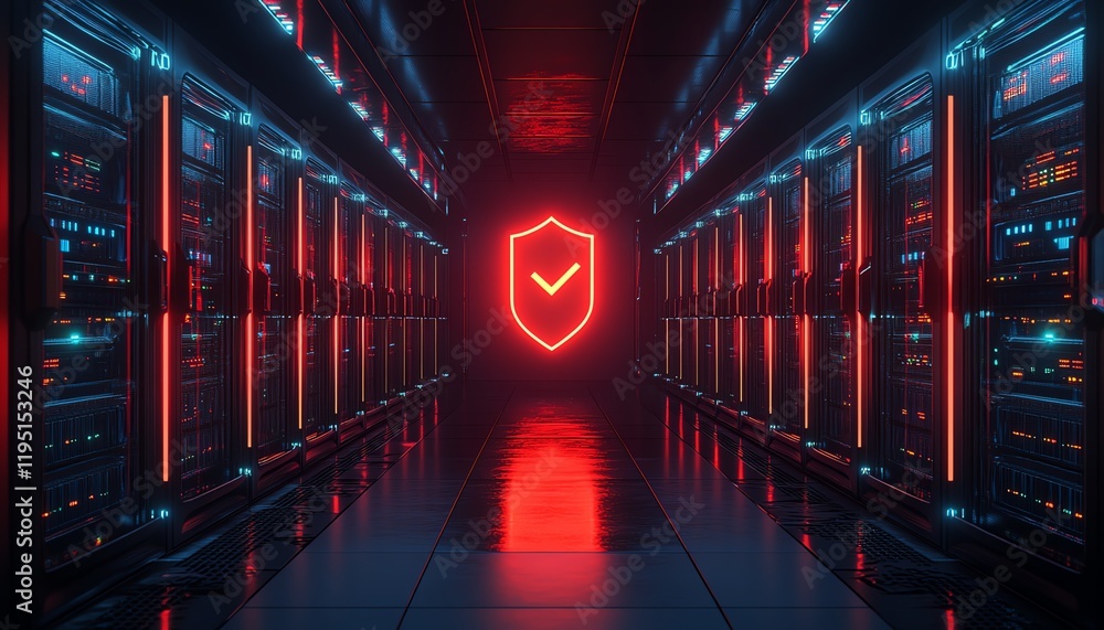 Poster cybersecurity concept with glowing shield above a futuristic server, representing data protection, t