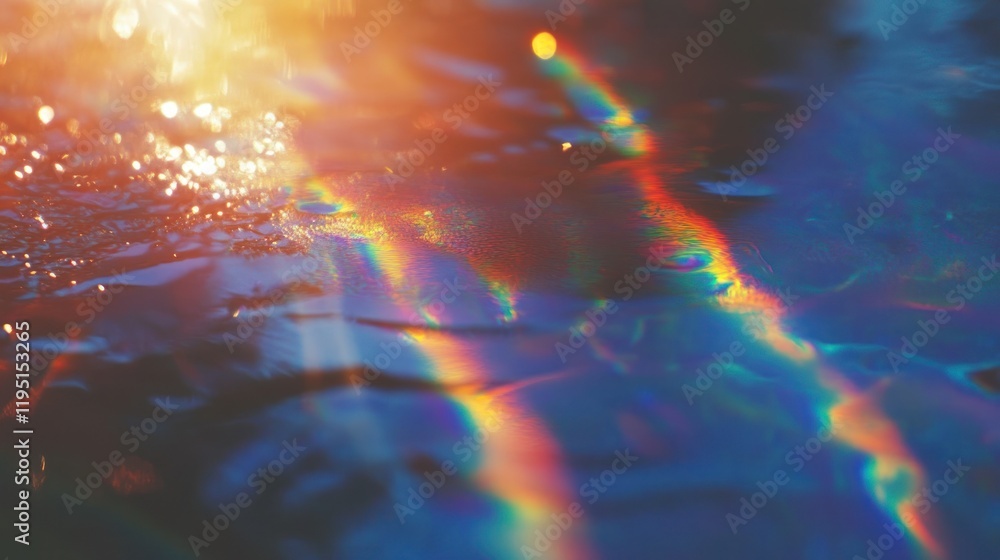 Aufkleber sunbeams refracting on water surface, creating iridescent rainbow patterns.