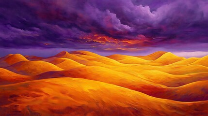  A surreal landscape with undulating orange hills under a dramatic, dark purple sky with stormy clouds, creating an otherworldly and visually striking scene.