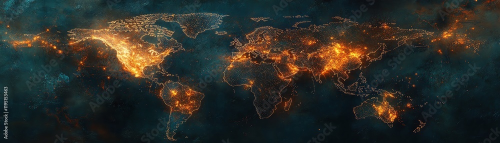 Poster digital world map with glowing connections, global cybersecurity network, security protection icons,