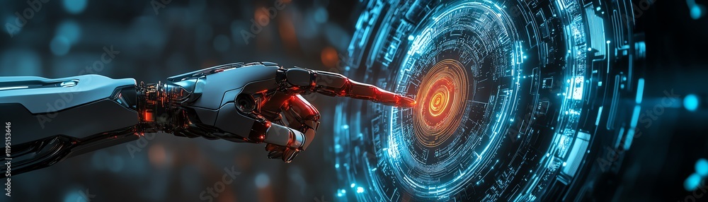 Poster robotic arm interacting with glowing shield, securing data, aidriven technology, cybersecurity conce