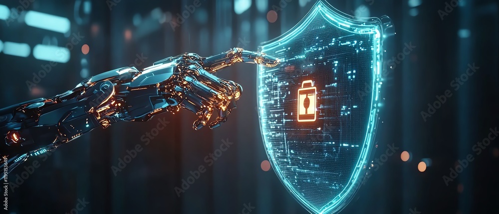 Poster robotic arm interacting with glowing shield, securing data, aidriven technology, cybersecurity conce