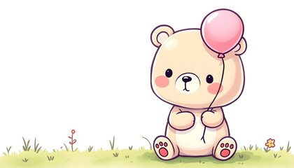 Adorable Bear Cub with Pink Balloon in a Sweet Cartoon Style