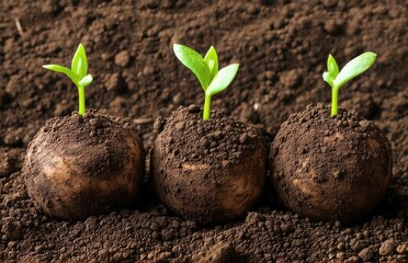 three seed balls with a sprout on the ground, earth balls. nendo dango.
