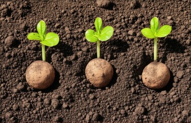 three seed balls with a sprout on the ground, earth balls. nendo dango.