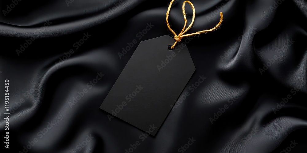 Poster a blank black tag with a golden string, resting on a smooth, dark fabric, creating a minimalist and 
