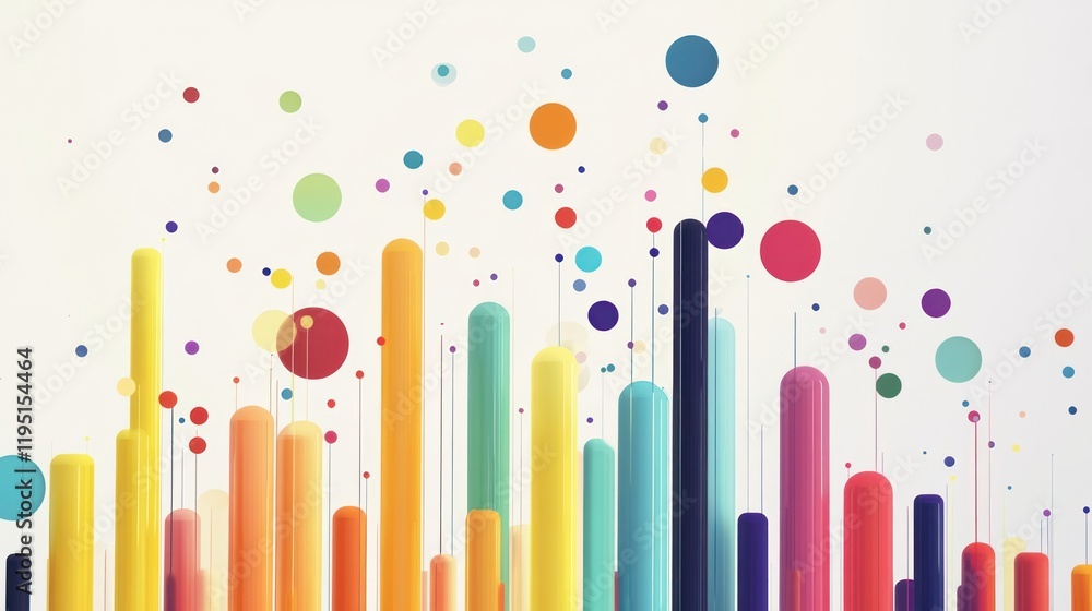 Poster colorful abstract background with vertical bars and floating circles.
