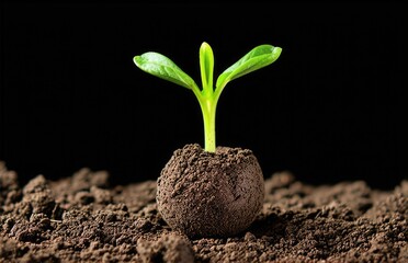seed ball with a sprout on the ground on a black background. earth balls. nendo dango.