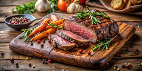 Freshly sliced prime black angus beef steak on a rustic wooden cutting board, with a side of roasted vegetables and herbs, displayed in a cozy dining setting , roasted vegetables, dining table setting