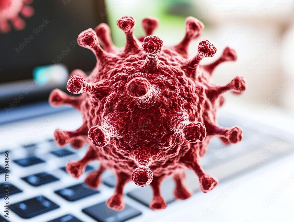 Poster a close-up of a virus model hovering over a laptop, illustrating the intersection of technology and 