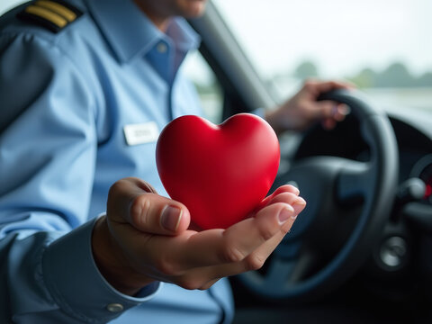 Un Piloto Sostiene Un Coraz&oacute;n En Su Mano, Representando La Importancia De La Salud Y Seguridad Para Los Conductores En El Asiento Delantero. 00001