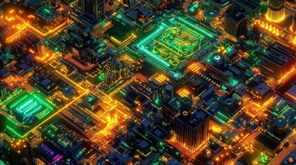 Futuristic city circuit board.