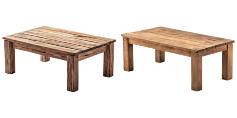Industrial Chic Decor concept. Two distinct wooden tables showcasing different styles and finishes.