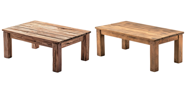 Industrial Chic Decor concept. Two distinct wooden tables showcasing different styles and finishes.