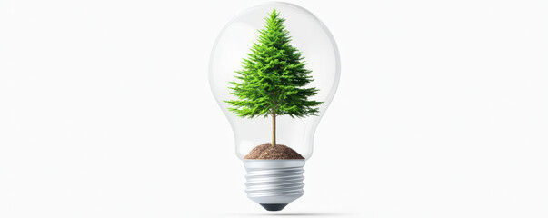 A light bulb contains a small tree, symbolizing the fusion of nature and innovation in sustainable energy.