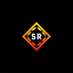 SR initials dynamic geometric logo design features a bold lettering sign in an orange and black color scheme, displayed against a dark background