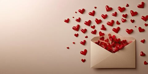 Envelope on beige background with red hearts spilling out, creating a romantic and festive atmosphere for Valentine's Day celebrations.