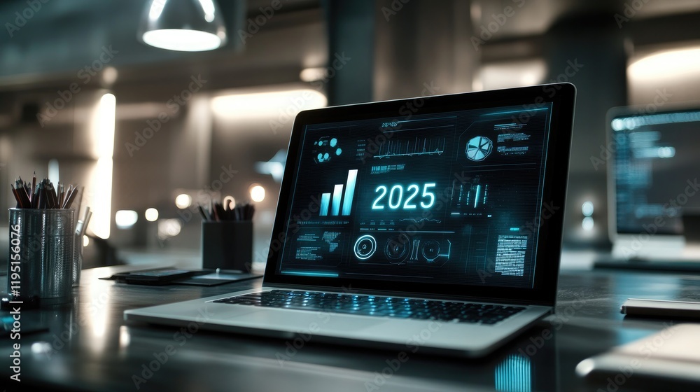 Aufkleber futuristic laptop displaying data analytics with projection for 2025