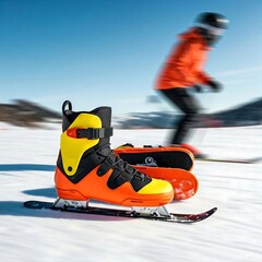 A pair of sleek speed skates resting on an icy surface with player in the background. Speed skates, icy surface, motion blur, dynamic, sleek, energy, vibrant, motion, recreation, activity, competitio