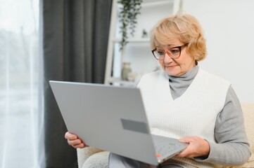 Resourceful mature smiling woman using laptop at home