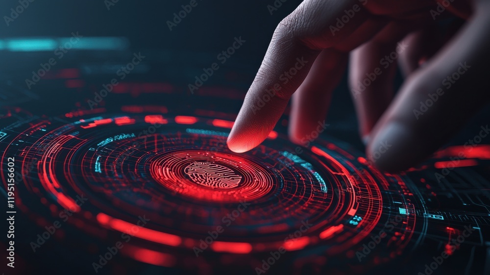 Poster smart security biometrics solutions concept. a finger interacts with a glowing, abstract digital int