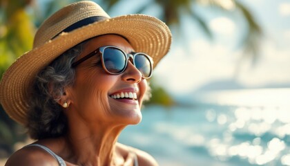 Elderly caucasian woman smiling by the beach in summer hat and sunglasses