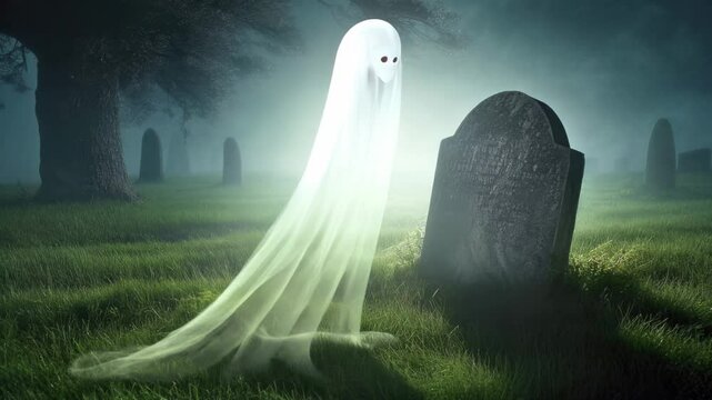 Sad white veiled ghost standing near an old grave in an old cemetery