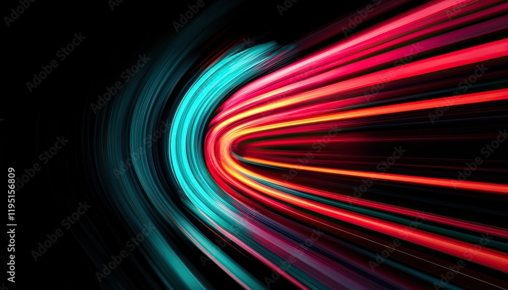 Poster a vibrant display of colorful light trails curving against a dark background, creating a dynamic sen