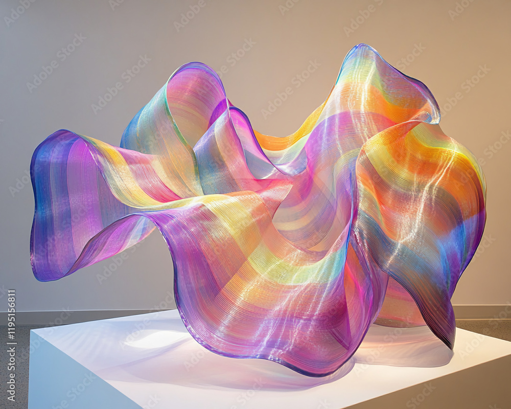 Poster colorful abstract sculpture with flowing translucent waves on display
