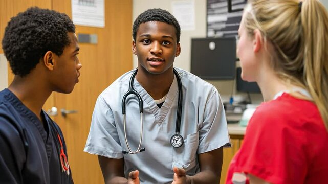 A medical specialist trains a young man and woman nurse in empathy-focused patient interaction techniques