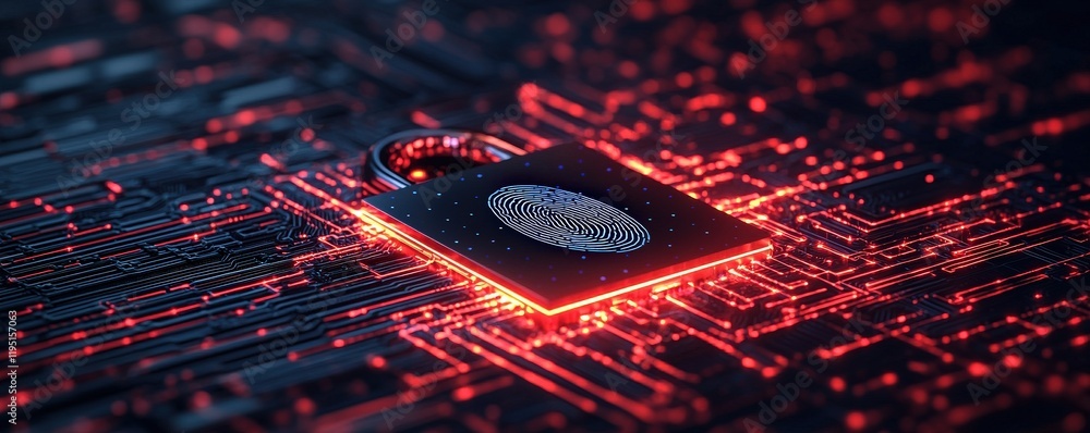 Poster smart security biometrics solutions concept. digital fingerprint on a circuit board, symbolizing cyb