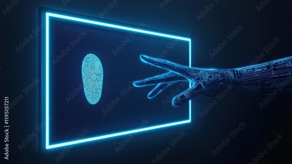 Poster smart security biometrics solutions concept. a digital hand interacts with a glowing screen displayi