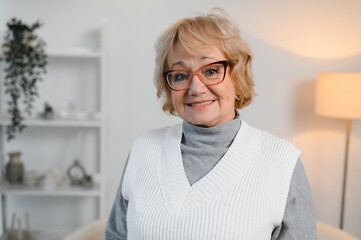 Portrait of happy senior woman standing at home. Cheerful retired old lady relaxing at home