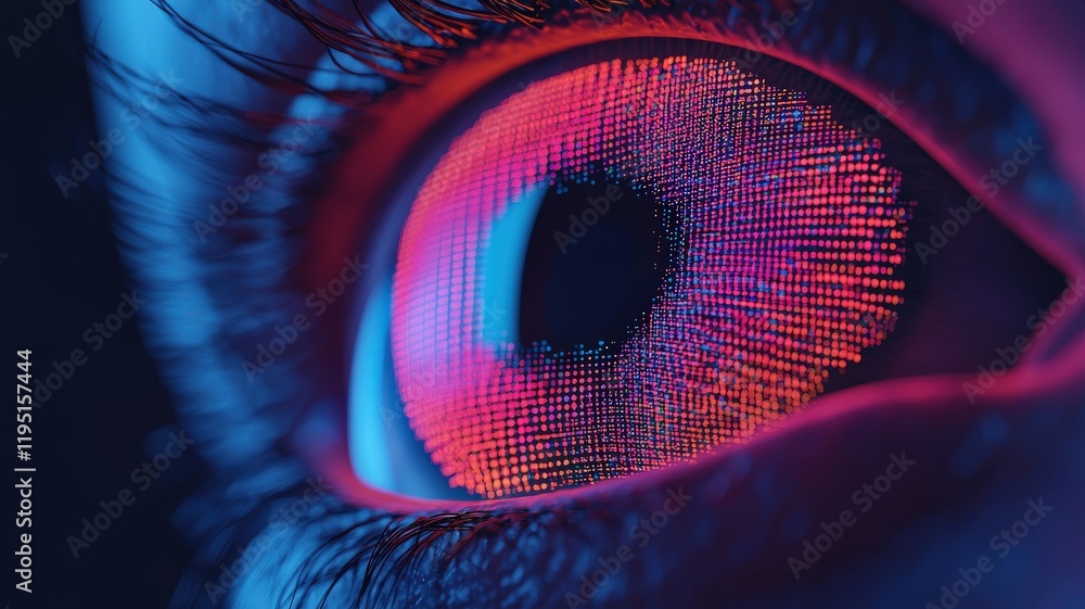 Poster smart security biometrics solutions concept. a close-up view of a human eye with vibrant, digital pa