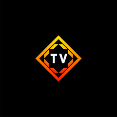 TV initials dynamic geometric logo design features a bold lettering sign in an orange and black color scheme, displayed against a dark background