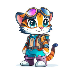 Naklejka premium Adventurous cat character digital art cute animation style whimsical environment fun perspective playful concept