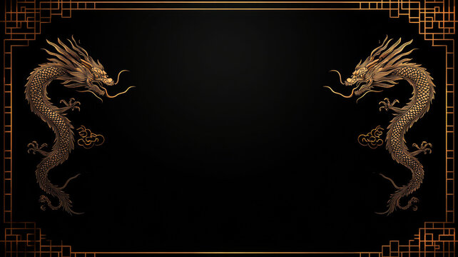 Chinese New Year Concept, Elegant gold Chinese dragons on black background with intricate patterns